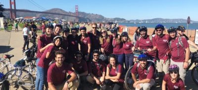 קבוצת המשלחת עומדת בתמונה קבוצתית עם גשר הזהב מאחוריהם